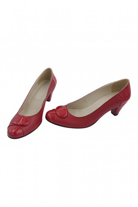 Pantofi damă eleganți, piele naturală cu lac, vârf rotund, toc mic si conic, rosu [6]