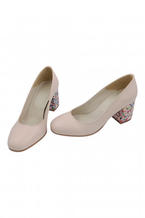 Pantofi damă eleganți, piele naturală, vârf pătrat, toc gros îmbrăcat, bej roz [6]