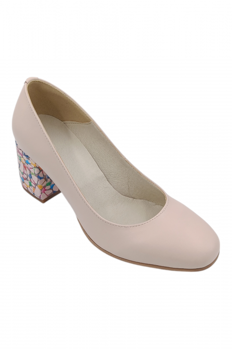 Pantofi damă eleganți, piele naturală, vârf pătrat, toc gros îmbrăcat, bej roz [2]