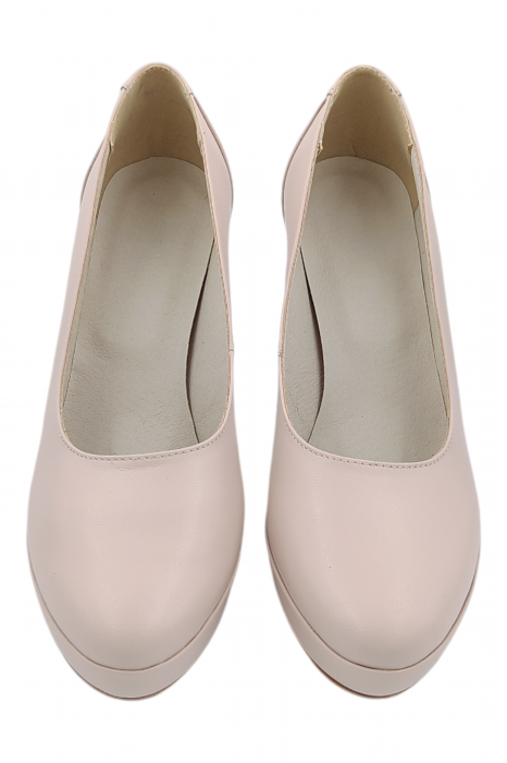 Pantofi damă eleganți, piele naturală, vârf rotund, toc înalt îmbrăcat, bej roz [4]
