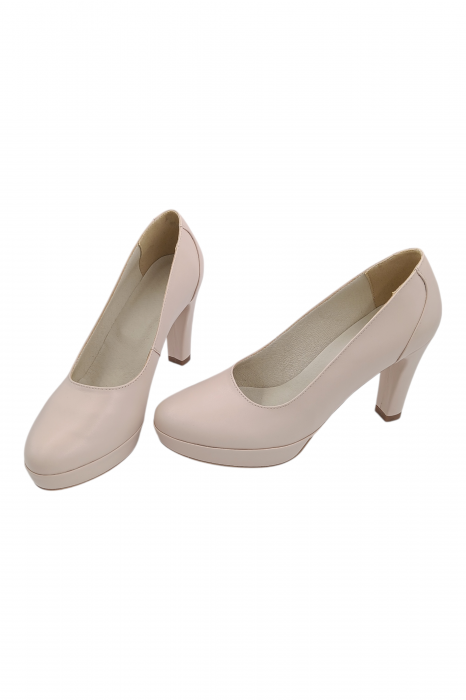 Pantofi damă eleganți, piele naturală, vârf rotund, toc înalt îmbrăcat, bej roz [5]