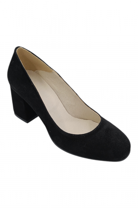 Pantofi damă eleganți, piele naturală întoarsă, vârf pătrat, toc gros, negru [2]
