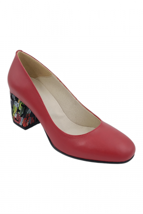 Pantofi damă eleganți, piele naturală, vârf pătrat, toc gros, imprimeu picasso, roșu [2]