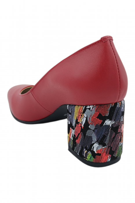 Pantofi damă eleganți, piele naturală, vârf pătrat, toc gros, imprimeu picasso, roșu [3]