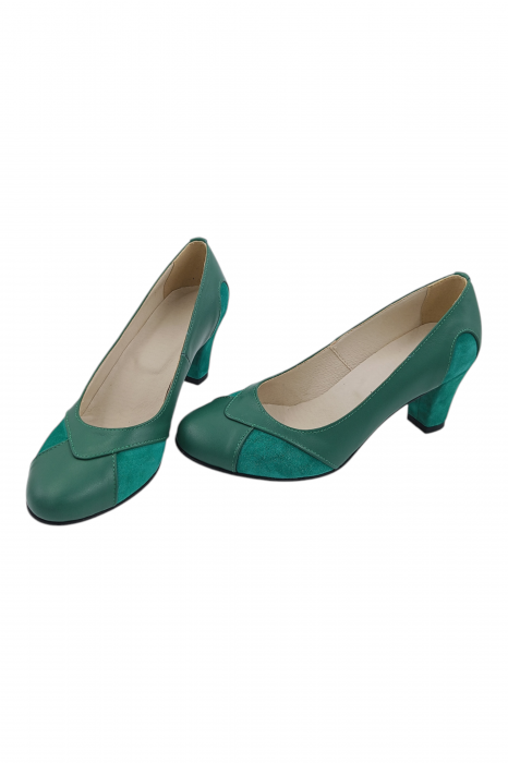 Pantofi damă eleganți, piele naturală, vârf rotund, toc gros mediu, piele întoarsă, verde [5]