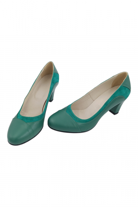 Pantofi damă eleganți, piele naturală, vârf rotund, toc gros mediu, verde [6]