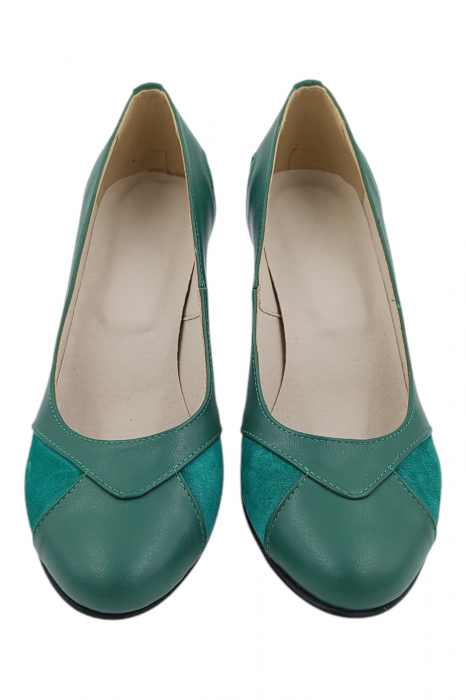 Pantofi damă eleganți, piele naturală, vârf rotund, toc gros mediu, piele întoarsă, verde [4]