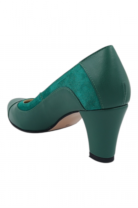 Pantofi damă eleganți, piele naturală, vârf rotund, toc gros mediu, verde [3]