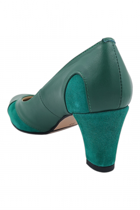 Pantofi damă eleganți, piele naturală, vârf rotund, toc gros mediu, piele întoarsă, verde [3]