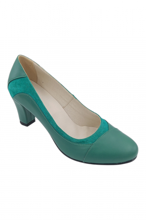 Pantofi damă eleganți, piele naturală, vârf rotund, toc gros mediu, verde [2]