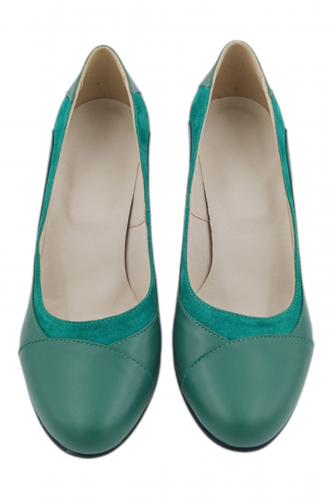 Pantofi damă eleganți, piele naturală, vârf rotund, toc gros mediu, verde [5]