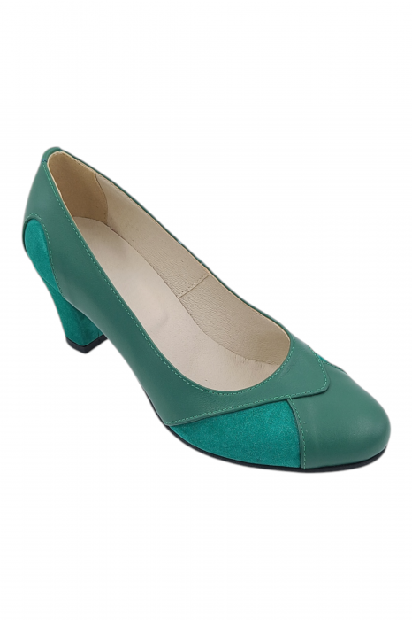 Pantofi damă eleganți, piele naturală, vârf rotund, toc gros mediu, piele întoarsă, verde [2]