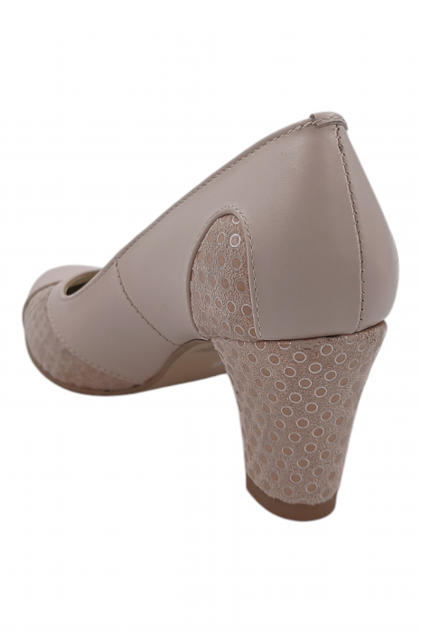 Pantofi damă eleganți, piele naturală, vârf rotund, toc gros mediu, imprimeu buline, bej-roz [3]