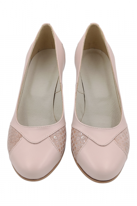 Pantofi damă eleganți, piele naturală, vârf rotund, toc gros mediu, imprimeu buline, bej-roz [4]