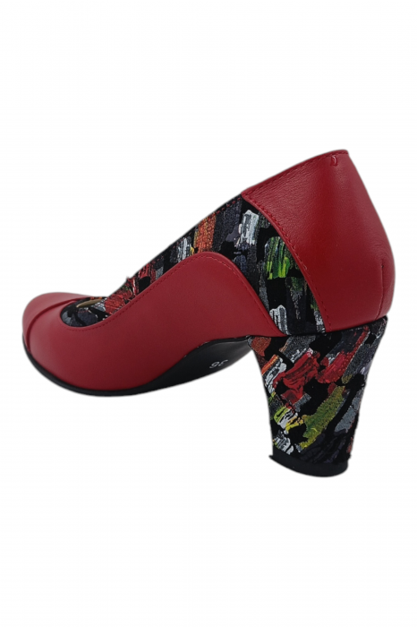 Pantofi damă eleganți, piele naturală, vârf rotund, toc gros mediu, imprimeu picasso, roșu [3]