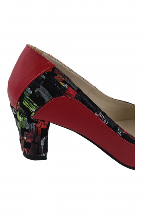 Pantofi damă eleganți, piele naturală, vârf rotund, toc gros mediu, imprimeu picasso, roșu [4]