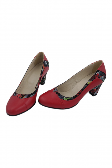 Pantofi damă eleganți, piele naturală, vârf rotund, toc gros mediu, imprimeu picasso, roșu [5]
