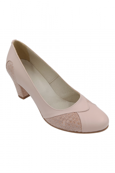 Pantofi damă eleganți, piele naturală, vârf rotund, toc gros mediu, imprimeu buline, bej-roz [2]