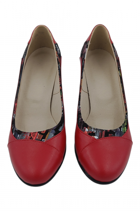 Pantofi damă eleganți, piele naturală, vârf rotund, toc gros mediu, imprimeu picasso, roșu [6]
