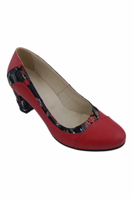 Pantofi damă eleganți, piele naturală, vârf rotund, toc gros mediu, imprimeu picasso, roșu [2]