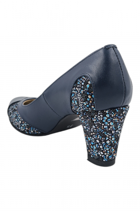 Pantofi damă eleganți, piele naturală, vârf rotund, toc gros mediu, imprimeu flori albastre, albastru [3]