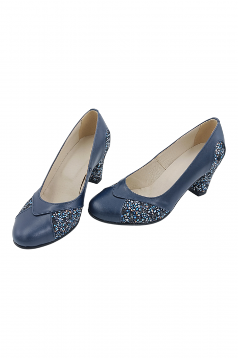 Pantofi damă eleganți, piele naturală, vârf rotund, toc gros mediu, imprimeu flori albastre, albastru [5]
