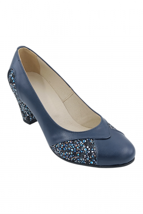 Pantofi damă eleganți, piele naturală, vârf rotund, toc gros mediu, imprimeu flori albastre, albastru [2]