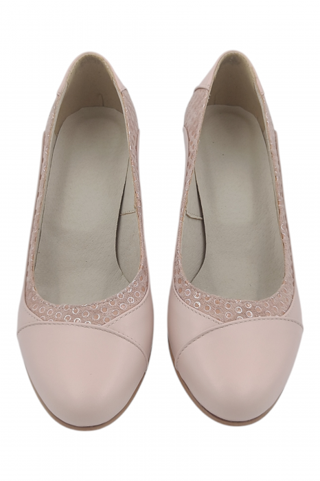 Pantofi damă eleganți, piele naturală, vârf rotund, toc gros mediu, imprimeu buline, bej-roz [5]