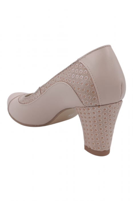 Pantofi damă eleganți, piele naturală, vârf rotund, toc gros mediu, imprimeu buline, bej-roz [3]