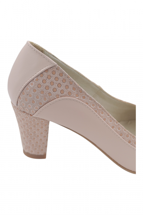Pantofi damă eleganți, piele naturală, vârf rotund, toc gros mediu, imprimeu buline, bej-roz [4]