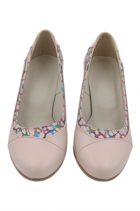 Pantofi damă eleganți, piele naturală, vârf rotund, toc gros mediu, imprimeu mozaic, bej-roz [5]