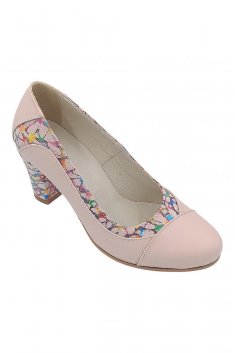 Pantofi damă eleganți, piele naturală, vârf rotund, toc gros mediu, imprimeu mozaic, bej-roz [2]