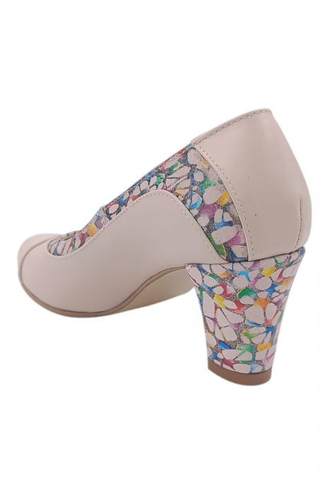 Pantofi damă eleganți, piele naturală, vârf rotund, toc gros mediu, imprimeu mozaic, bej-roz [3]
