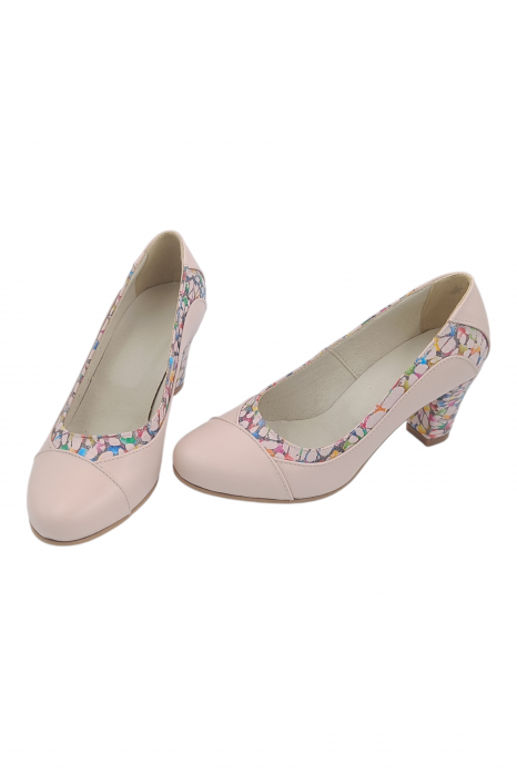 Pantofi damă eleganți, piele naturală, vârf rotund, toc gros mediu, imprimeu mozaic, bej-roz [6]