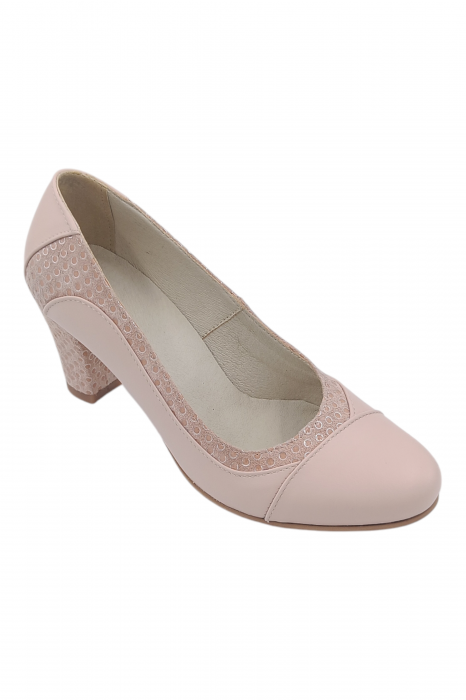 Pantofi damă eleganți, piele naturală, vârf rotund, toc gros mediu, imprimeu buline, bej-roz [2]
