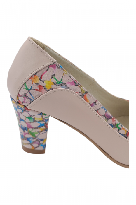 Pantofi damă eleganți, piele naturală, vârf rotund, toc gros mediu, imprimeu mozaic, bej-roz [4]