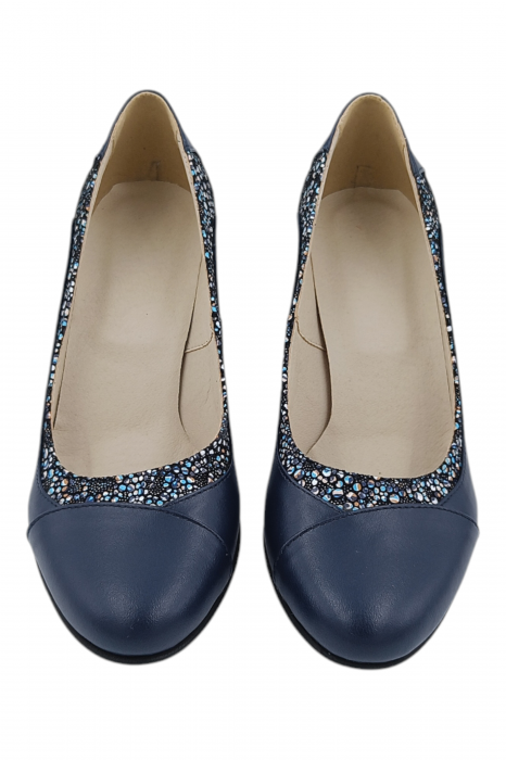 Pantofi damă eleganți, piele naturală, vârf rotund, toc gros mediu, imprimeu flori albastre, albastru [4]