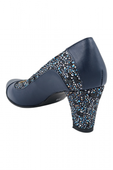 Pantofi damă eleganți, piele naturală, vârf rotund, toc gros mediu, imprimeu flori albastre, albastru [2]