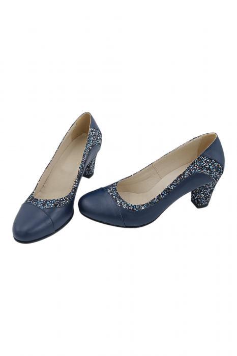 Pantofi damă eleganți, piele naturală, vârf rotund, toc gros mediu, imprimeu flori albastre, albastru [5]
