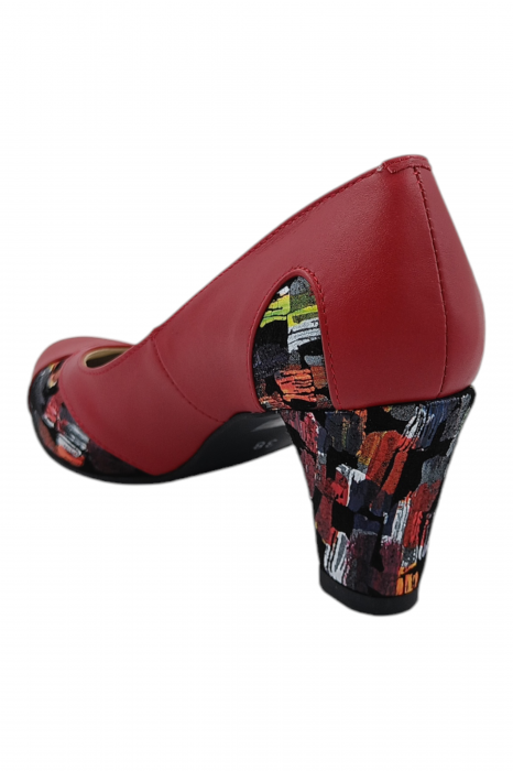 Pantofi damă eleganți, piele naturală, vârf rotund, toc gros mediu, imprimeu picasso, rosu [2]