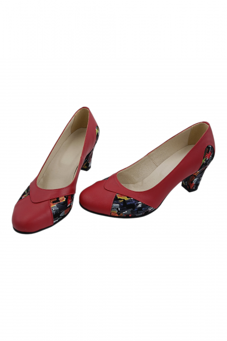 Pantofi damă eleganți, piele naturală, vârf rotund, toc gros mediu, imprimeu picasso, rosu [4]