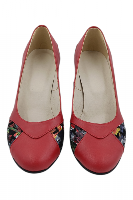 Pantofi damă eleganți, piele naturală, vârf rotund, toc gros mediu, imprimeu picasso, rosu [3]
