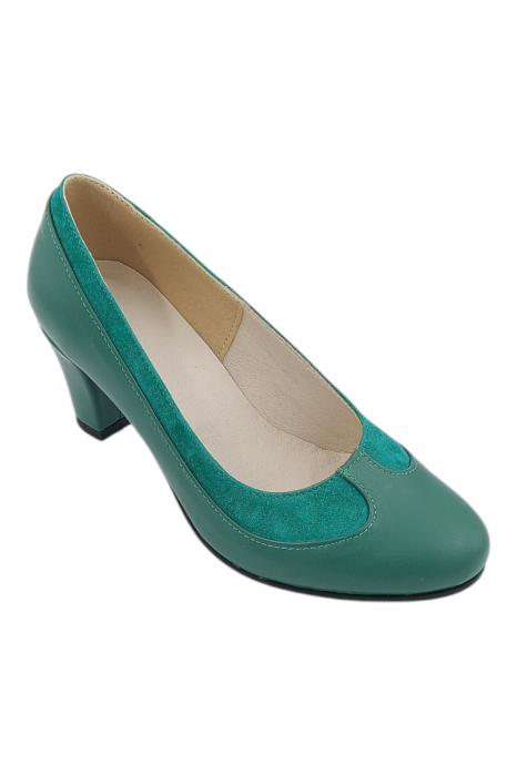 Pantofi damă eleganți, piele naturală, vârf rotund, toc gros mediu, verde [2]