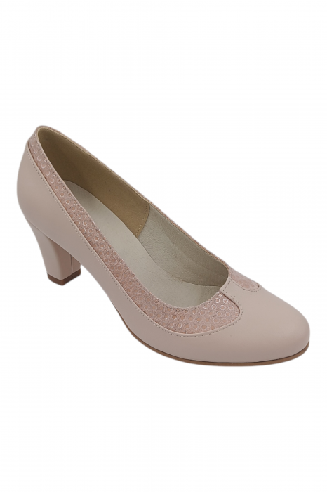 Pantofi damă eleganți, piele naturală, vârf rotund, toc gros mediu, bej [2]