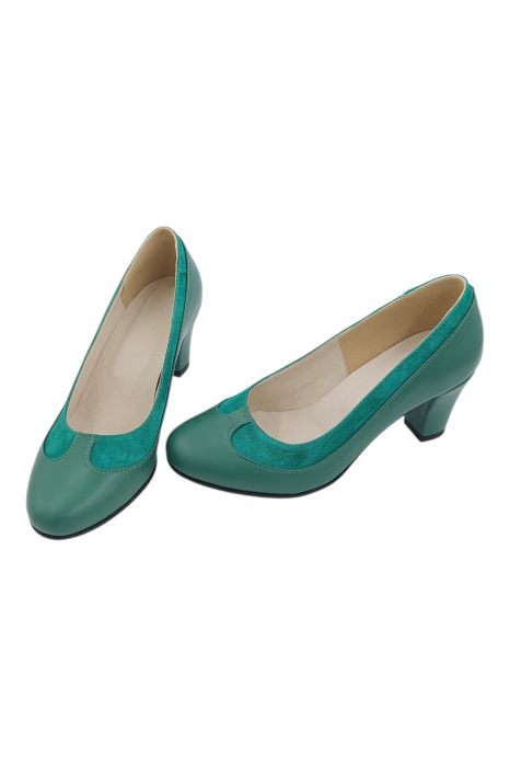 Pantofi damă eleganți, piele naturală, vârf rotund, toc gros mediu, verde [5]