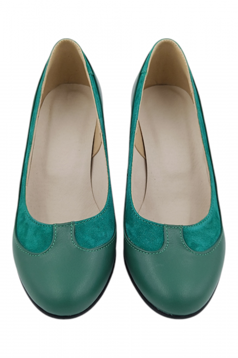 Pantofi damă eleganți, piele naturală, vârf rotund, toc gros mediu, verde [4]