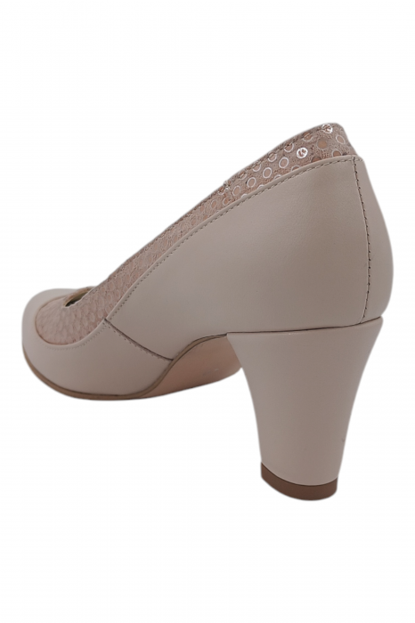 Pantofi damă eleganți, piele naturală, vârf rotund, toc gros mediu, bej [3]