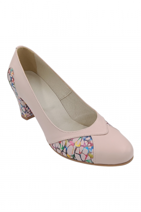 Pantofi damă eleganți, piele naturală, vârf rotund, toc gros mediu, imprimeu mozaic, bej-roz [2]