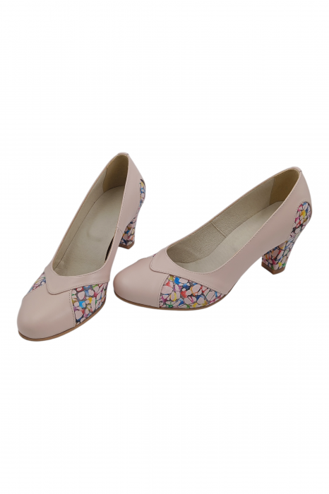 Pantofi damă eleganți, piele naturală, vârf rotund, toc gros mediu, imprimeu mozaic, bej-roz [5]
