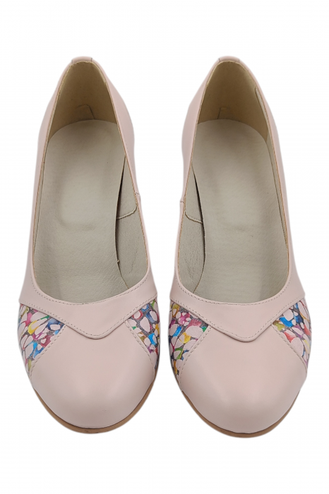 Pantofi damă eleganți, piele naturală, vârf rotund, toc gros mediu, imprimeu mozaic, bej-roz [4]